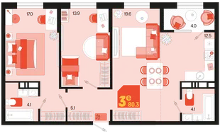 Планировка 3-комн. квартира, 80.3 м² ЖК «Первое место»