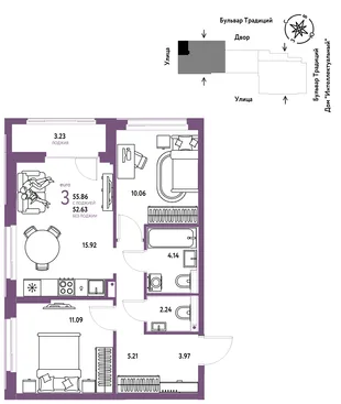 Планировка 3-комн. квартира, 55.86 м² ЖК «Микрорайон Домашний»