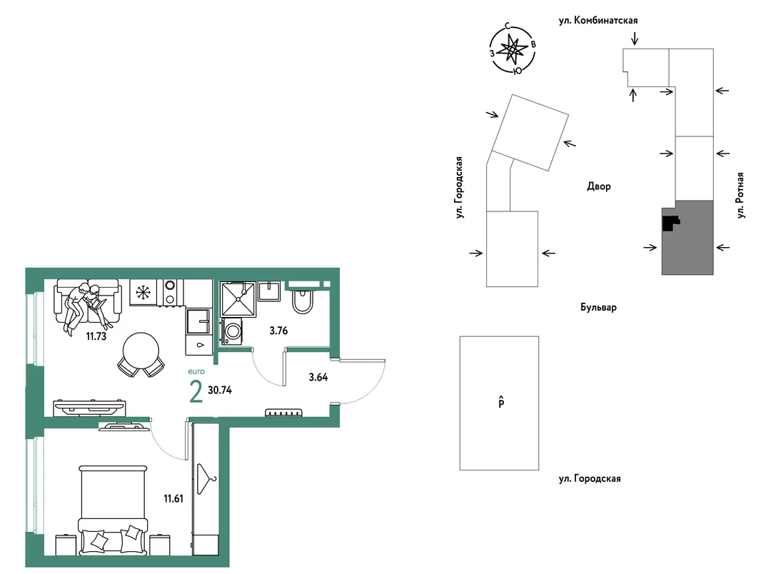 Планировка 2-комн. квартира, 30.74 м² ЖК «Уральский сад»