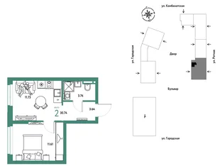 Планировка 2-комн. квартира, 30.74 м² ЖК «Уральский сад»
