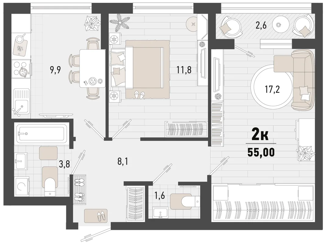 Планировка 2-комн. квартира, 55 м² ЖК «Барса»
