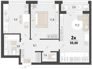 Планировка 2-комн. квартира, 55 м² ЖК «Барса»