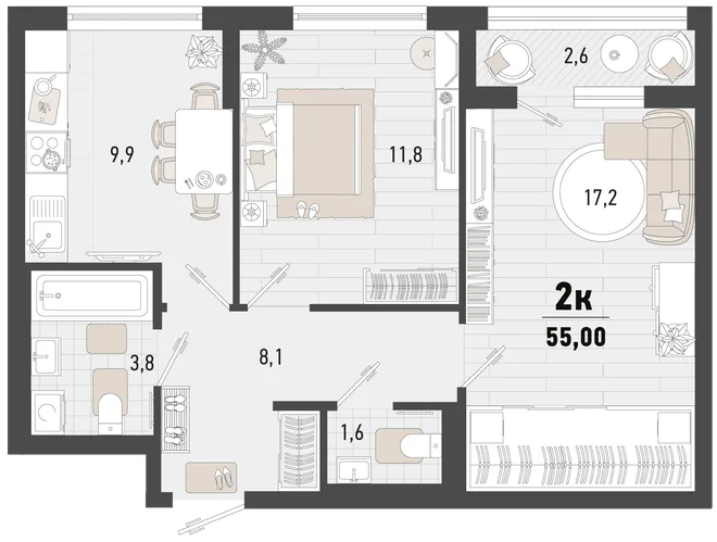 Планировка 2-комн. квартира, 55 м² ЖК «Барса» Планировка 2-комн. квартира, 55 м² ЖК «Барса»