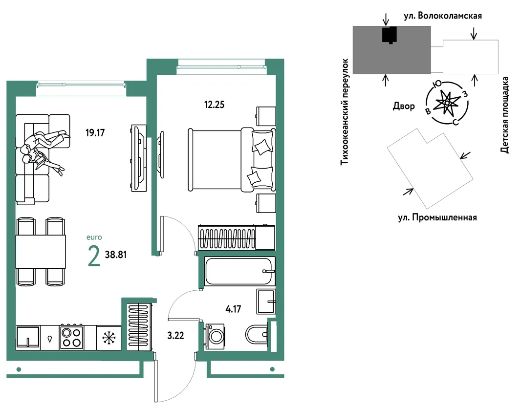 Планировка 2-комн. квартира, 38.81 м² ЖК «Страна Прибрежная»