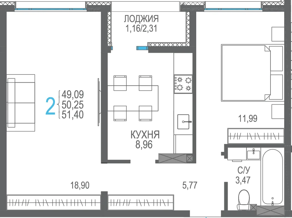 Планировка 2-комн. квартира, 51.4 м² ЖК «Розовое озеро»