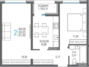 Планировка 2-комн. квартира, 51.4 м² ЖК «Розовое озеро»