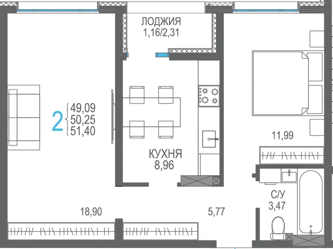 Планировка 2-комн. квартира, 51.4 м² ЖК «Розовое озеро»