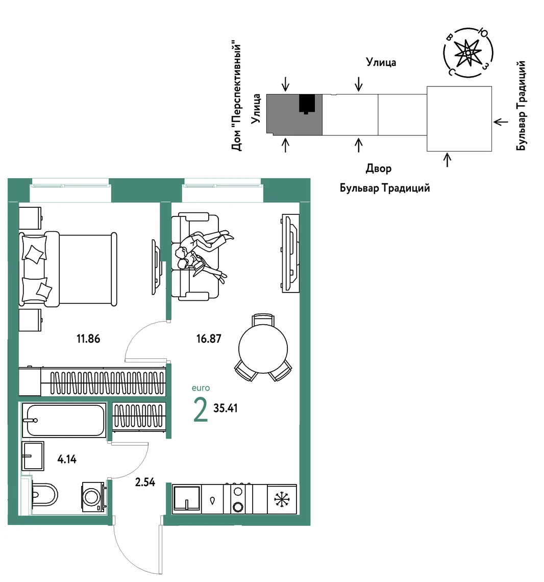 Планировка 2-комн. квартира, 35.41 м² ЖК «Микрорайон Домашний»