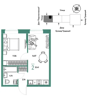 Планировка 2-комн. квартира, 35.41 м² ЖК «Микрорайон Домашний»