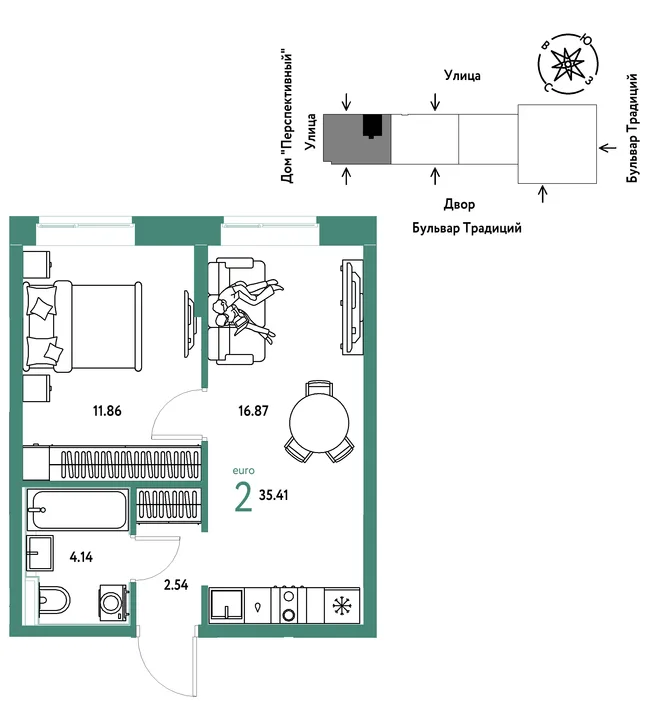 Планировка 2-комн. квартира, 35.41 м² ЖК «Микрорайон Домашний» Планировка 2-комн. квартира, 35.41 м² ЖК «Микрорайон Домашний»