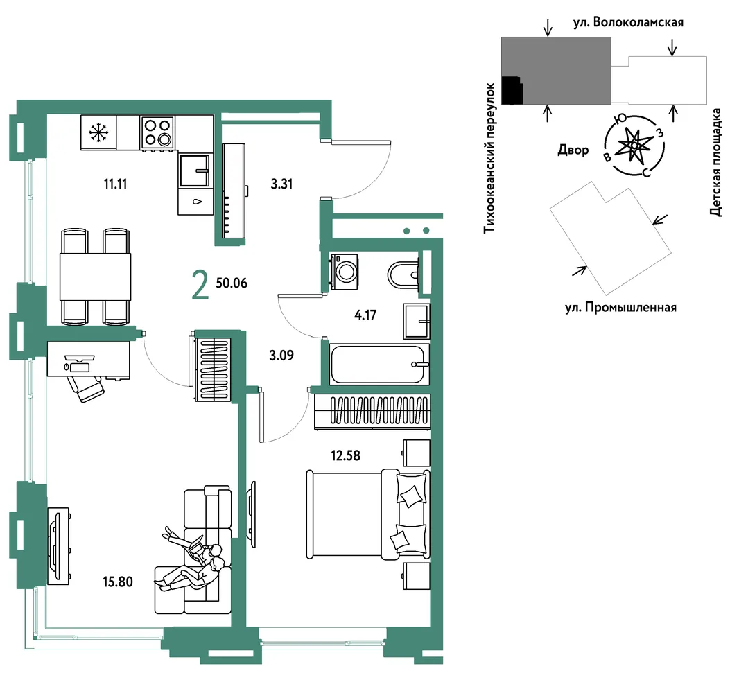 Планировка 2-комн. квартира, 50.06 м² ЖК «Страна Прибрежная»