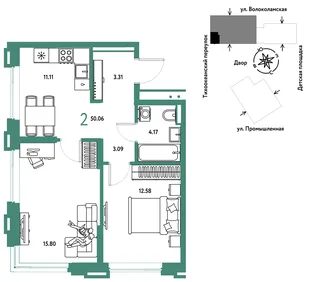 Планировка 2-комн. квартира, 50.06 м² ЖК «Страна Прибрежная»