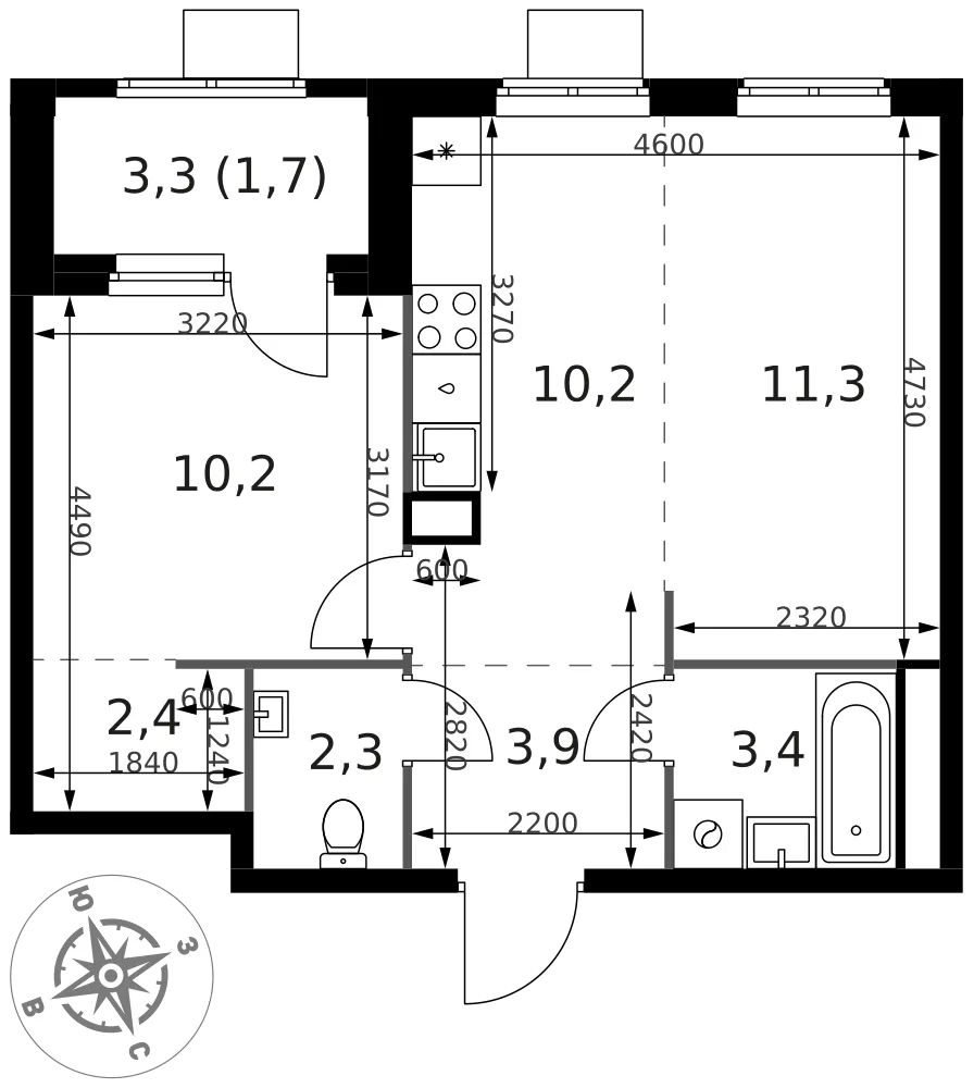 Планировка 2-комн. квартира, 45.4 м² ЖК «1-й Химкинский»