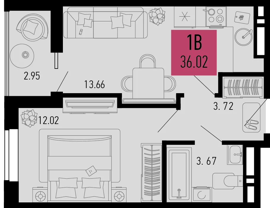 Планировка 1-комн. квартира, 36.02 м² ЖК «Столицыно»