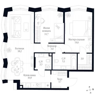 Квартира 3-комн. квартира, 73.9 м² ЖК «Фордевинд» Фото 1 Квартира 3-комн. квартира, 73.9 м² ЖК «Фордевинд» Фото 1