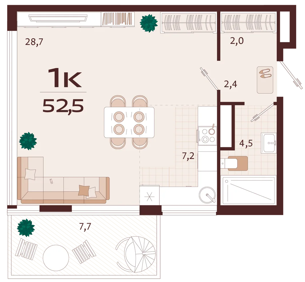 Планировка 1-комн. квартира, 52.5 м² ЖК «Роялта»