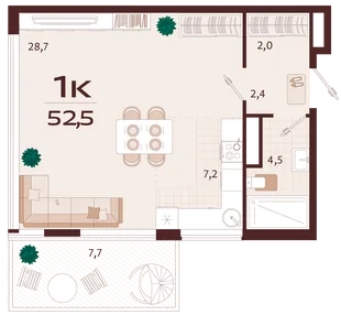 Планировка 1-комн. квартира, 52.5 м² ЖК «Роялта»