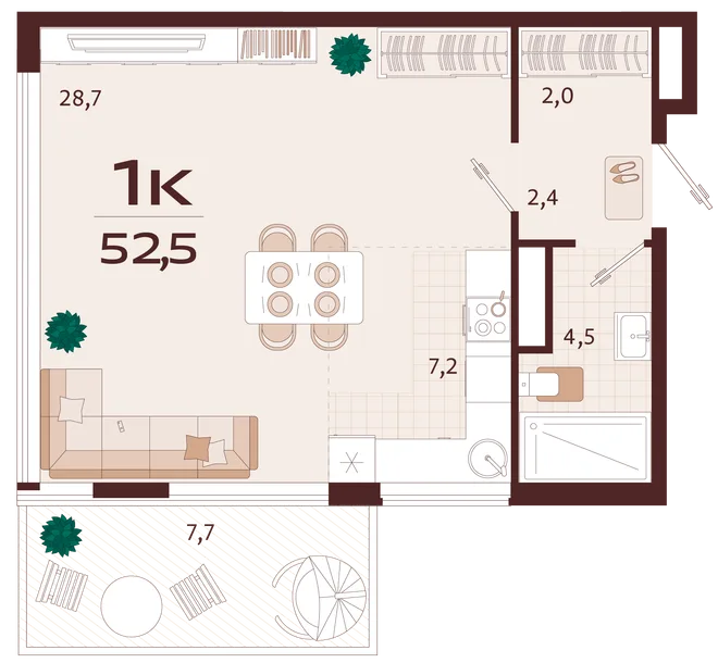Планировка 1-комн. квартира, 52.5 м² ЖК «Роялта» Планировка 1-комн. квартира, 52.5 м² ЖК «Роялта»
