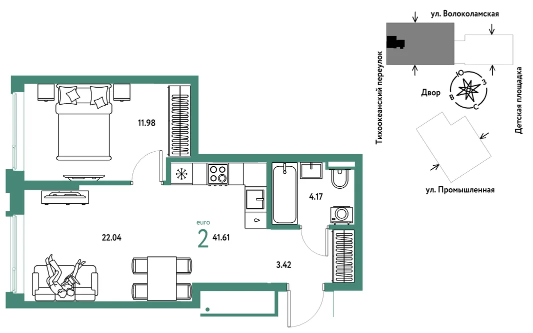 Планировка 2-комн. квартира, 41.61 м² ЖК «Страна Прибрежная»