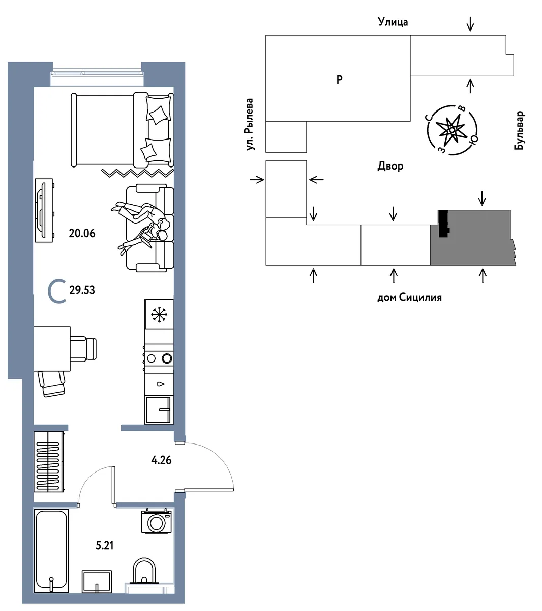 Планировка Студия, 29.53 м² ЖК «Остров-сад»