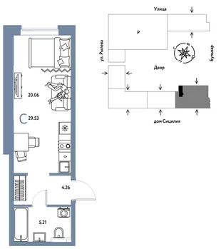 Планировка Студия, 29.53 м² ЖК «Остров-сад»