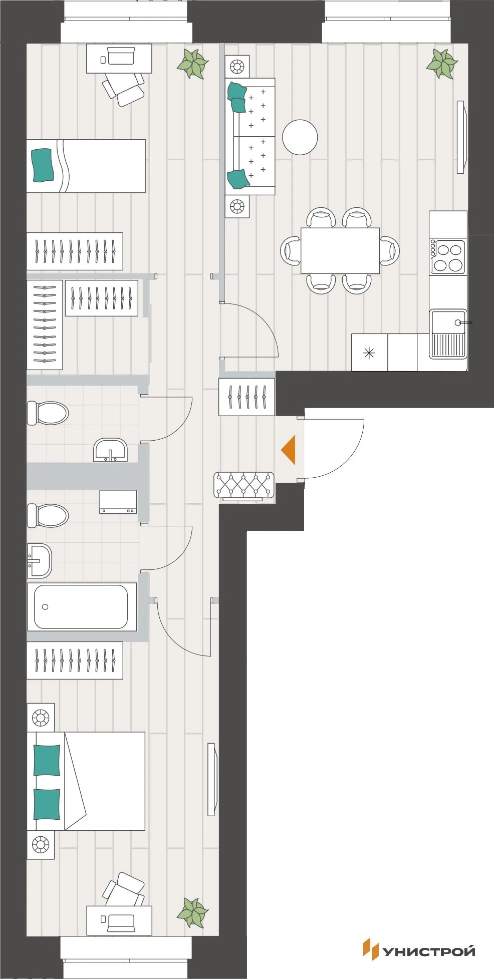 Планировка 2-комн. квартира, 60.7 м² ЖК «Аквамарин»