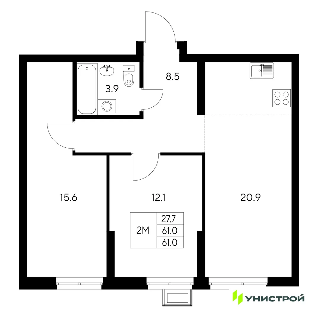 Планировка 2-комн. квартира, 61 м² ЖК «Стадиум»