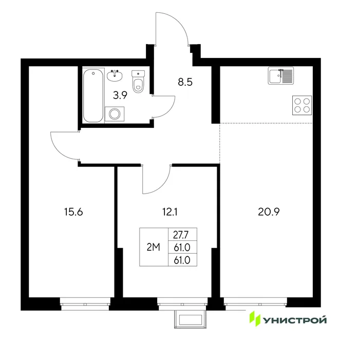 Планировка 2-комн. квартира, 61 м² ЖК «Стадиум»
