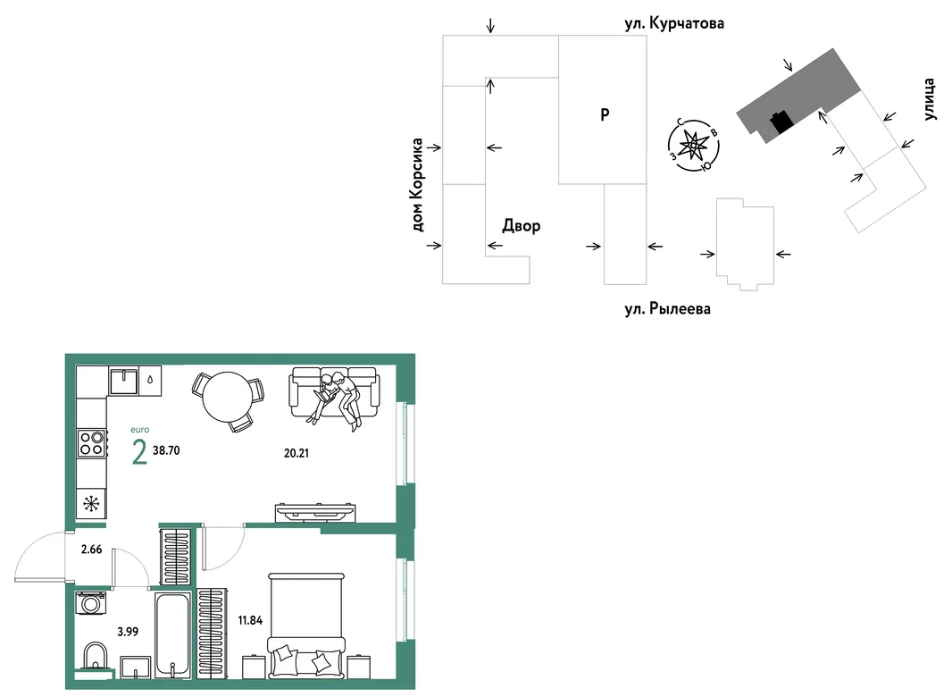 Планировка 2-комн. квартира, 38.88 м² ЖК «Остров-сад»