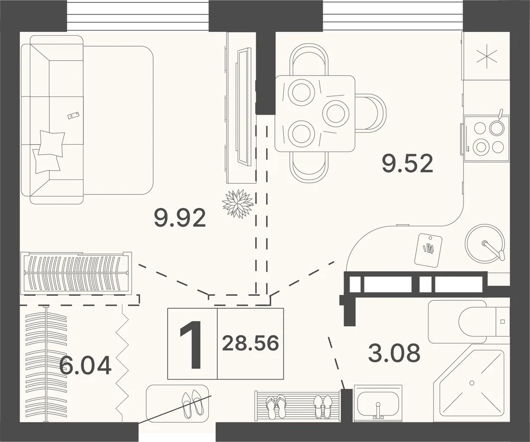 Планировка 1-комн. квартира, 28.56 м² ЖК «Светский лес»