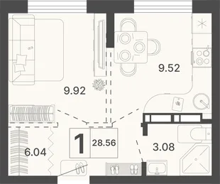 Планировка 1-комн. квартира, 28.56 м² ЖК «Светский лес»