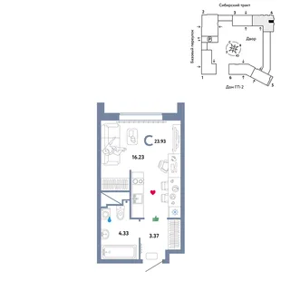 Планировка Студия, 23.93 м² ЖК «Сибирский сад»