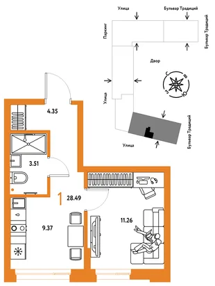 Планировка 1-комн. квартира, 28.49 м² ЖК «Микрорайон Домашний»