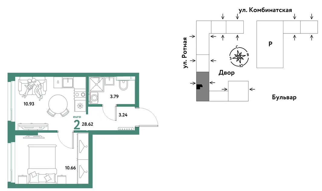 Планировка 2-комн. квартира, 28.44 м² ЖК «Уральский сад»