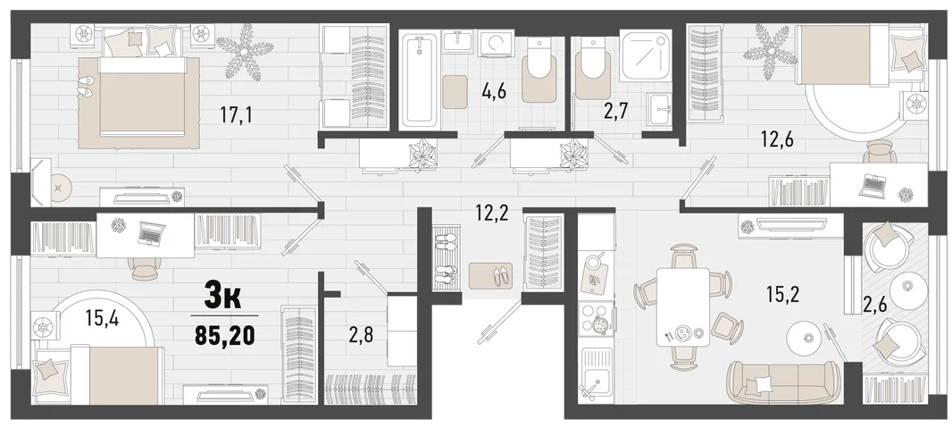 Планировка 3-комн. квартира, 85.2 м² ЖК «Барса»