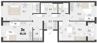 Планировка 3-комн. квартира, 85.2 м² ЖК «Барса»