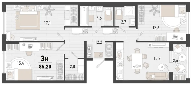 Планировка 3-комн. квартира, 85.2 м² ЖК «Барса» Планировка 3-комн. квартира, 85.2 м² ЖК «Барса»