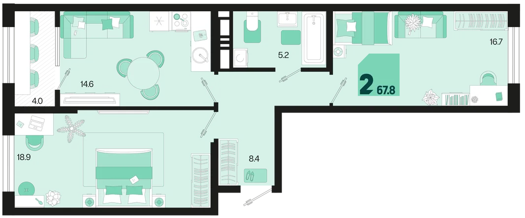 Планировка 2-комн. квартира, 67.8 м² ЖК «Первое место»