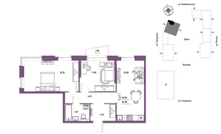 Планировка 3-комн. квартира, 66.56 м² ЖК «Уральский сад»