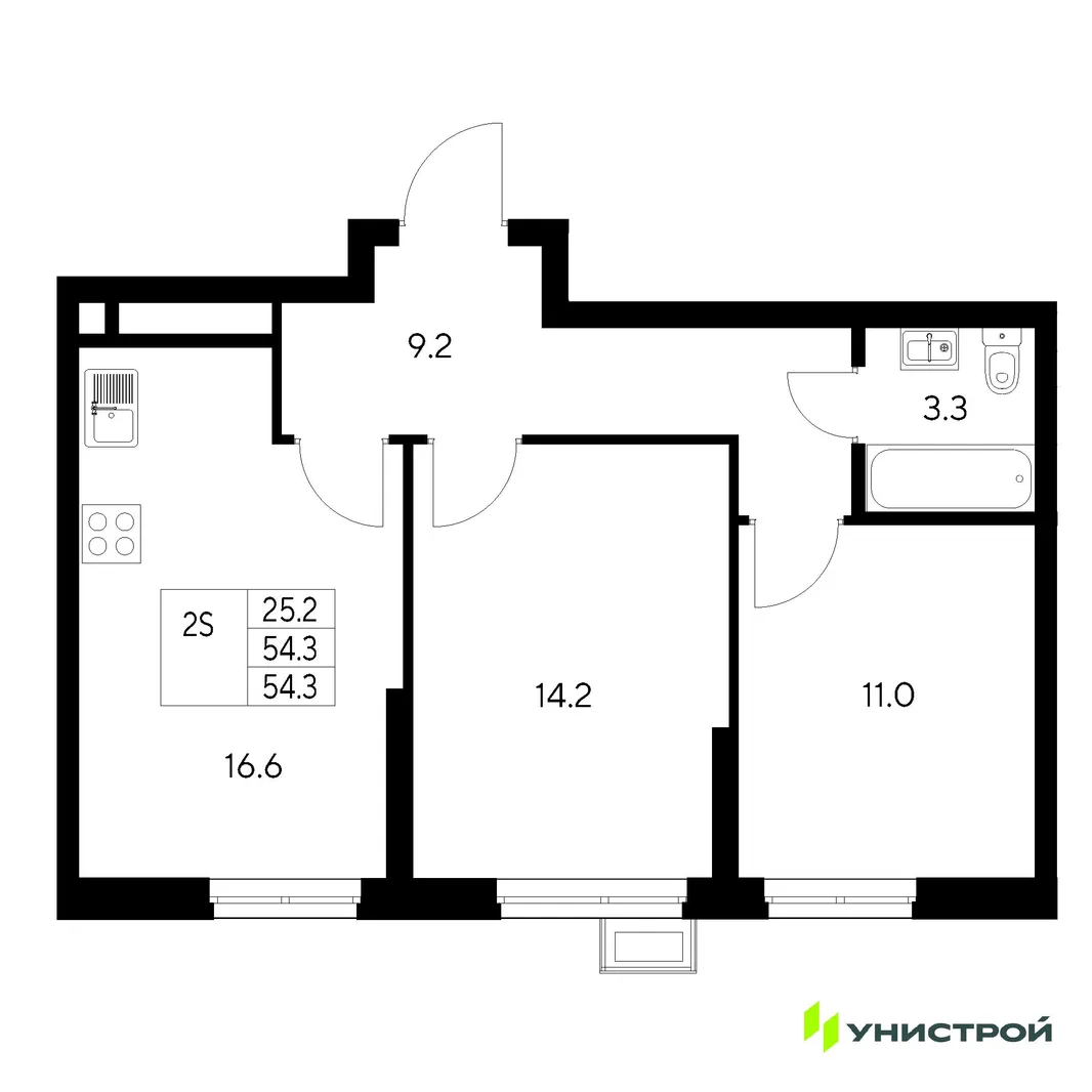 Планировка 2-комн. квартира, 54.3 м² ЖК «Стадиум»