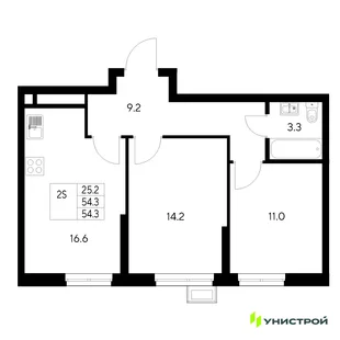 Планировка 2-комн. квартира, 54.3 м² ЖК «Стадиум»