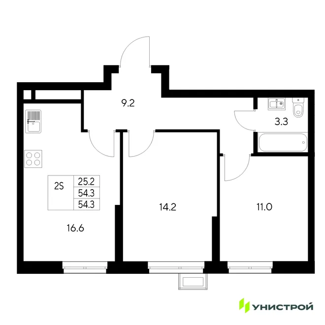 Планировка 2-комн. квартира, 54.3 м² ЖК «Стадиум»