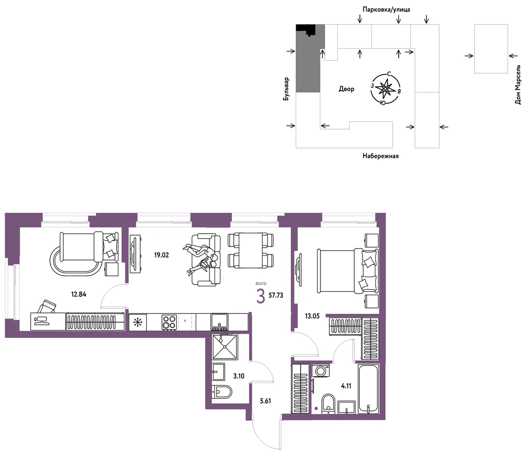 Планировка 3-комн. квартира, 57.73 м² ЖК «Европейский берег 2.0»