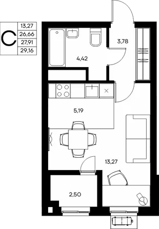 Планировка Студия, 29.16 м² ЖК «Прибрежный дом»
