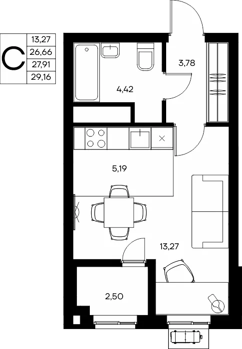 Планировка Студия, 29.16 м² ЖК «Прибрежный дом»