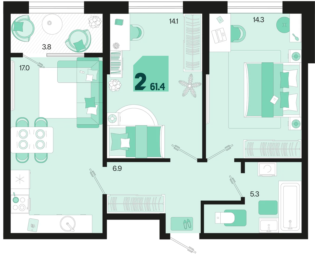 Планировка 2-комн. квартира, 61.4 м² ЖК «Первое место»