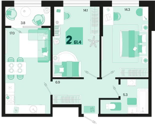 Планировка 2-комн. квартира, 61.4 м² ЖК «Первое место»
