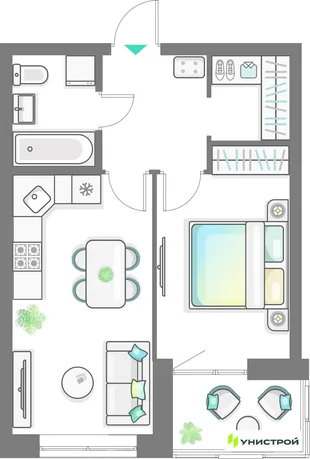 Планировка 1-комн. квартира, 41.62 м² ЖК «Лето»
