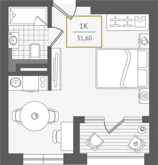 Планировка 1-комн. квартира, 32 м² ЖК «Гостиничный комплекс Greenmont»