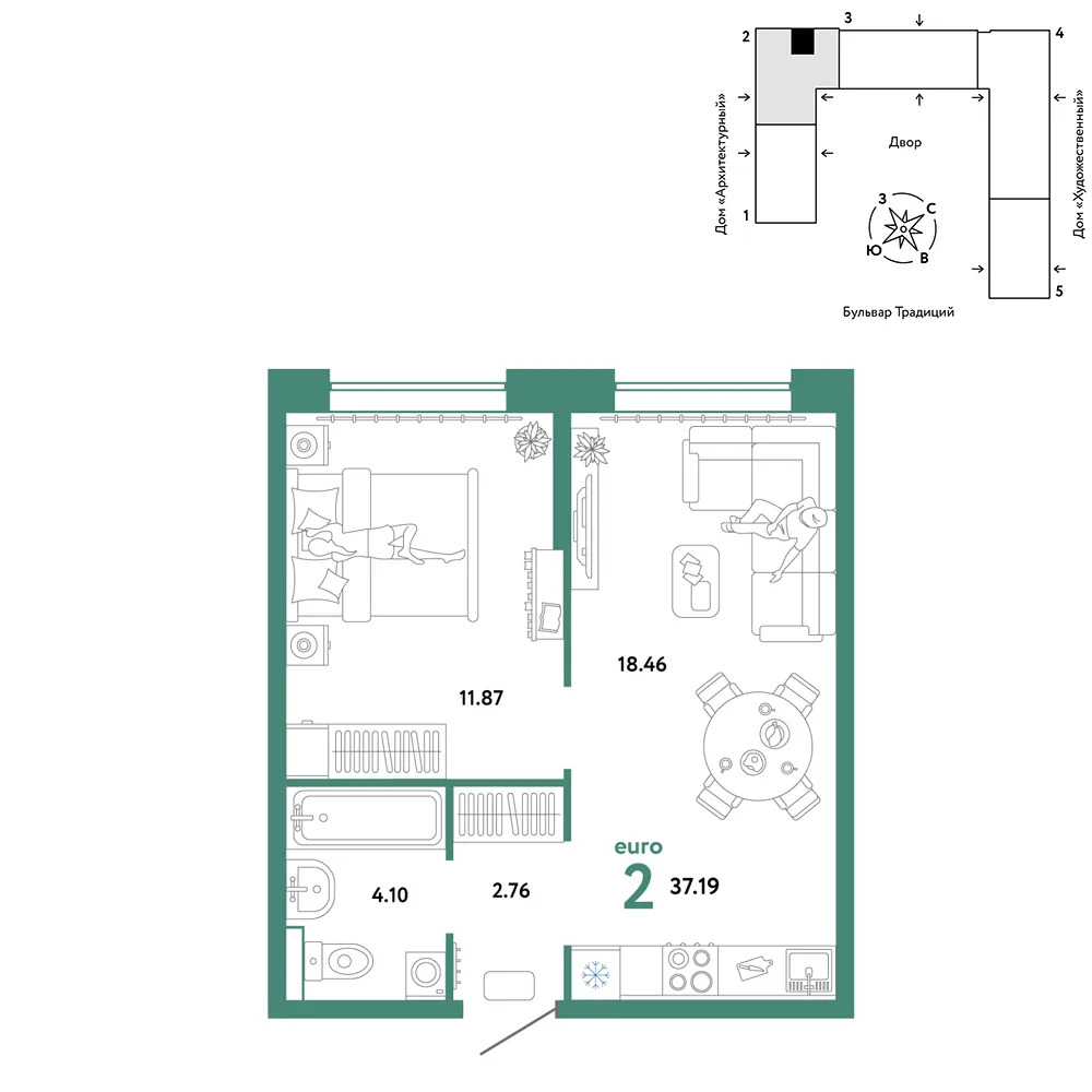 Планировка 2-комн. квартира, 37.19 м² ЖК «Микрорайон Домашний»